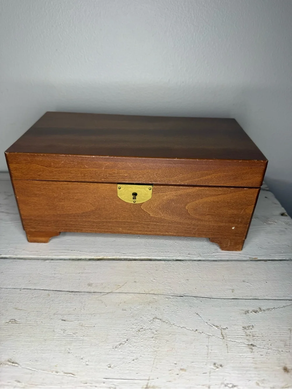 Vintage MCM Wooden Jewelry Music Box WORKS! Japan Mirror Blue Velvet Box